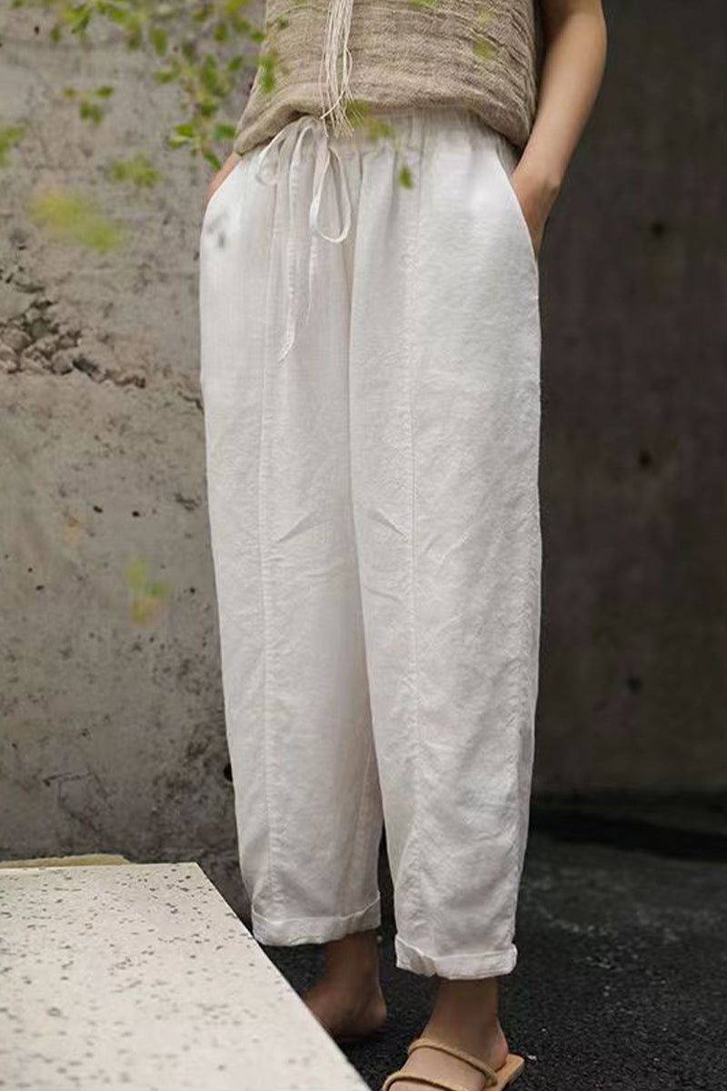 Casual Solid Pocket Frenulum Loose High Waist Harlan Bottoms