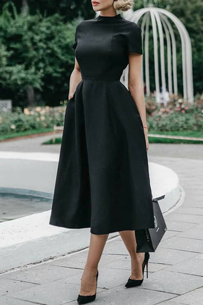 Celebrities Elegant Solid Solid Color O Neck Waist Skirt Dresses(4 Colors)