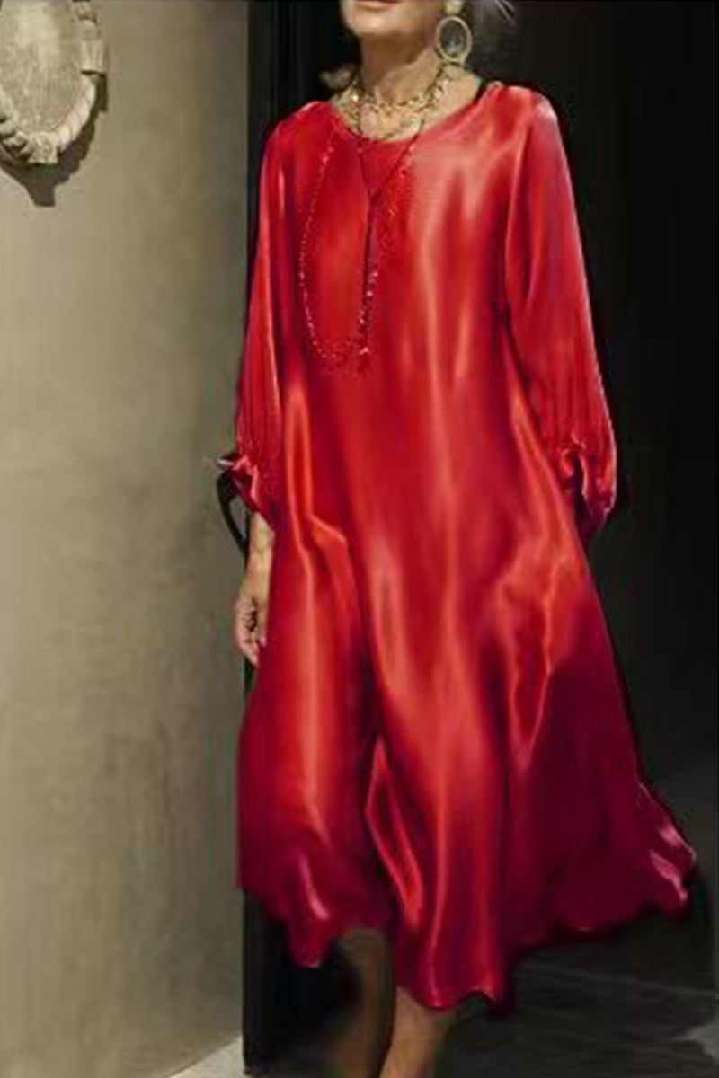 Celebrities Elegant Solid Bright Silk O Neck Long Sleeve Dresses(3 Colors)