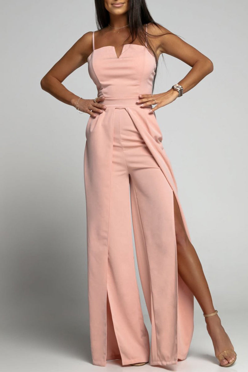 Celebrities Simplicity Solid Slit Solid Color Square Collar Regular Jumpsuits(6 Colors)