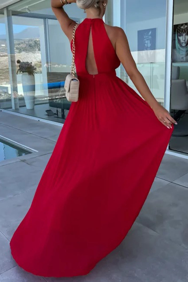 Celebrities Elegant Solid Fold Halter Waist Skirt Dresses