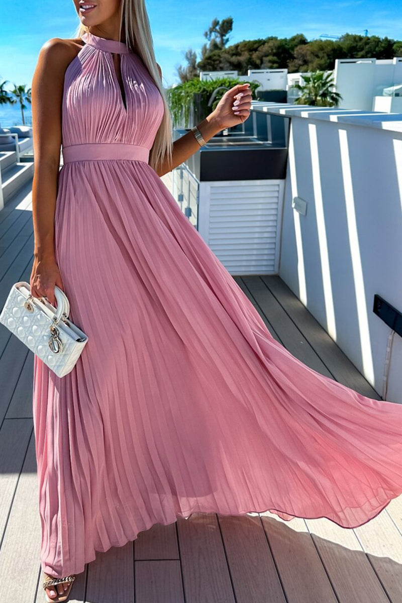 Celebrities Elegant Solid Fold Halter Waist Skirt Dresses