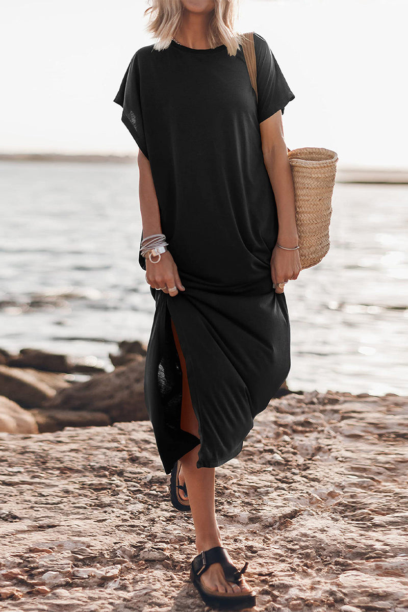 Casual Solid Slit O Neck Short Sleeve Dress