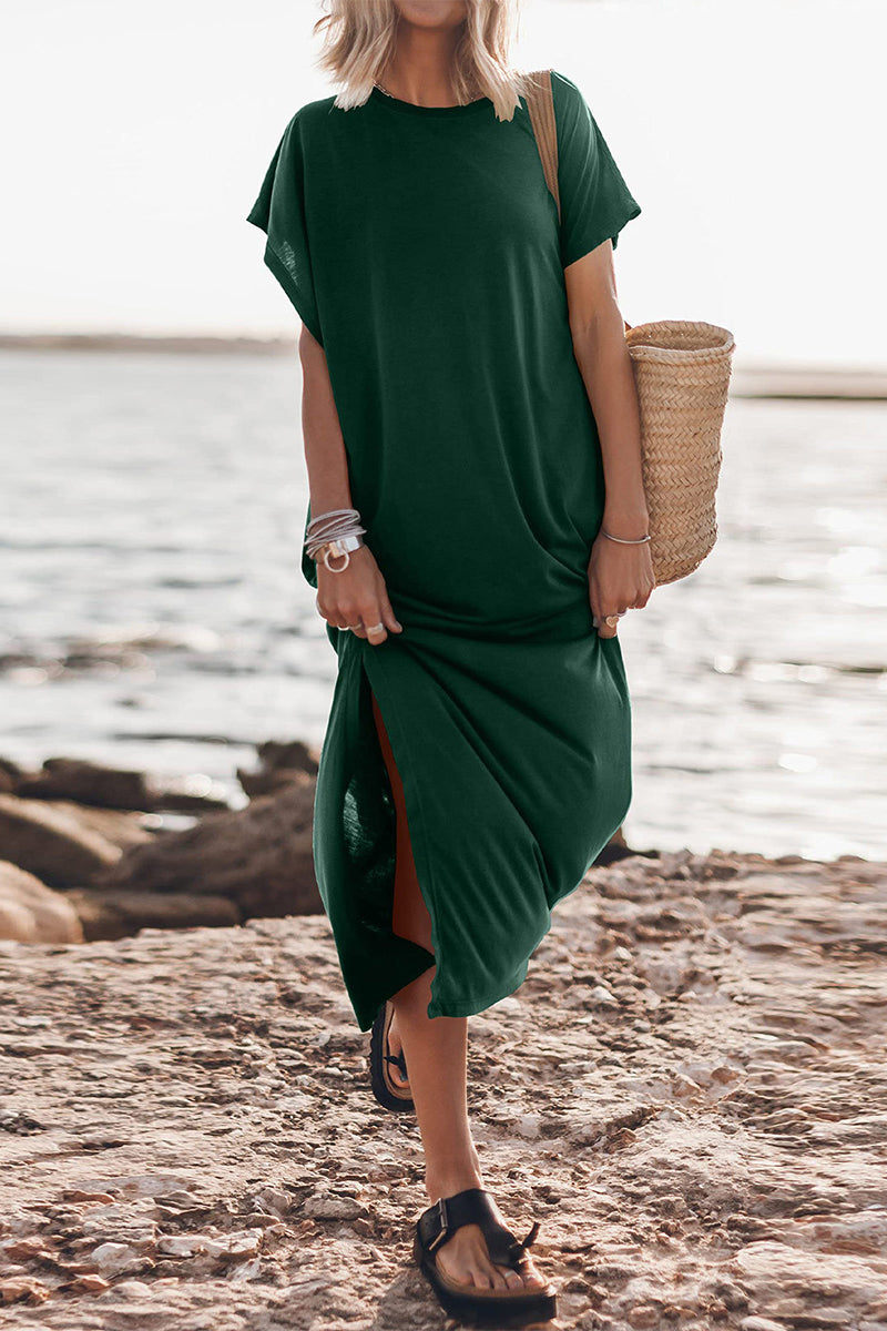 Casual Solid Slit O Neck Short Sleeve Dress