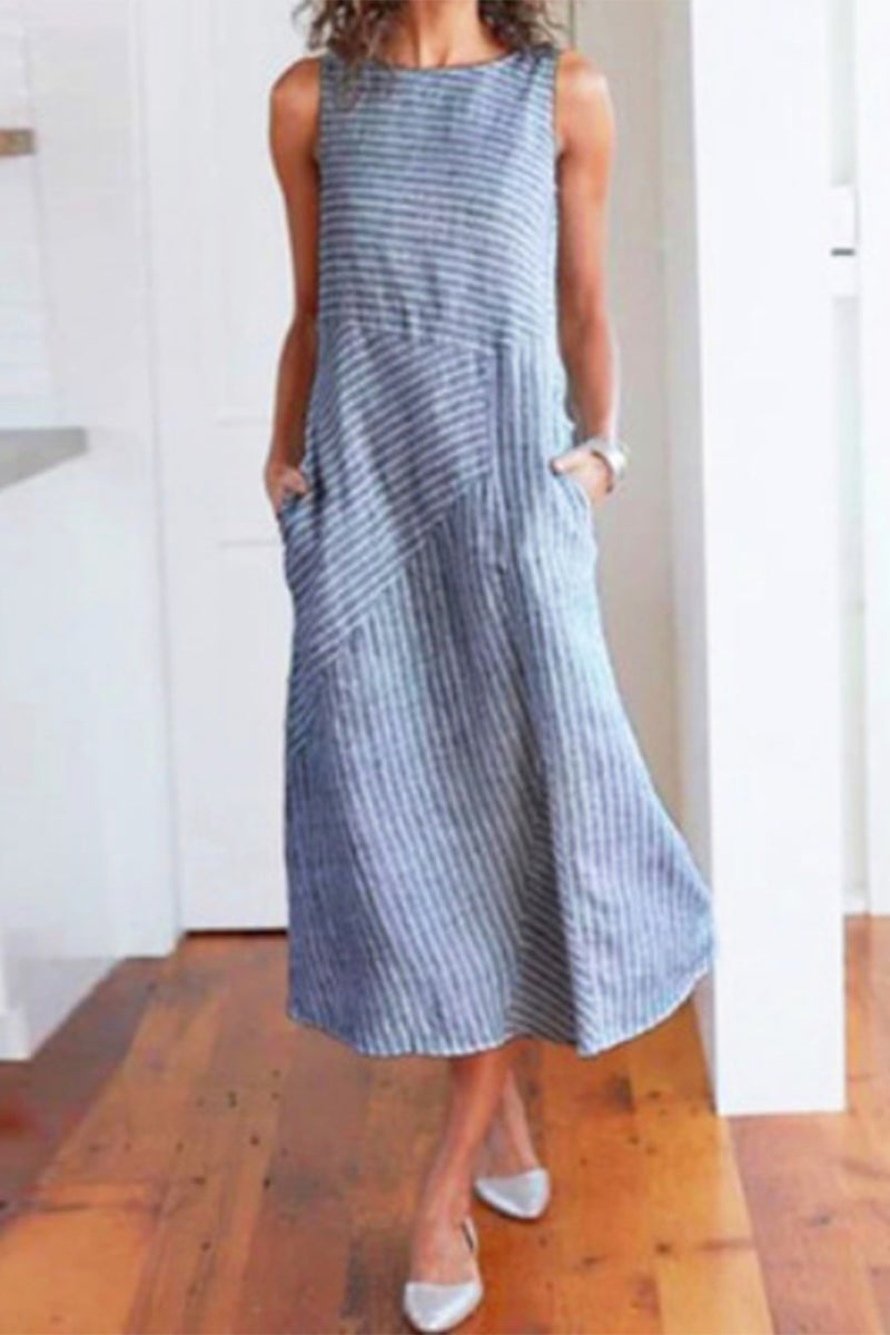 Casual Sweet Striped Pocket O Neck Sleeveless Dress Dresses(4 Colors)