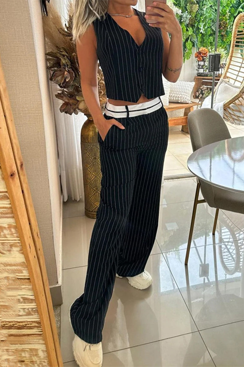 Casual Work Striped Buckle V Neck Sleeveless Two Pieces