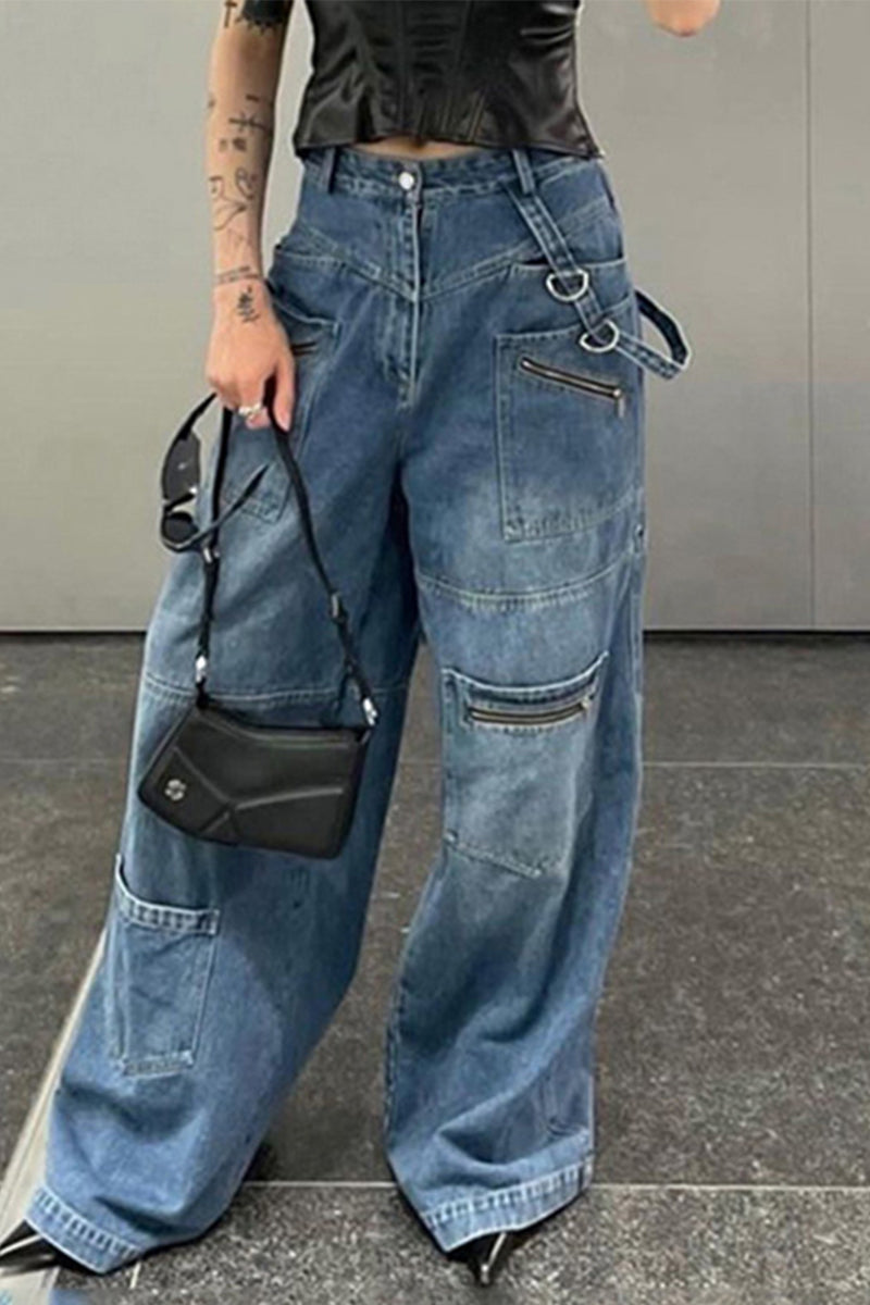 Casual Street Solid Pocket Loose Denim Jeans