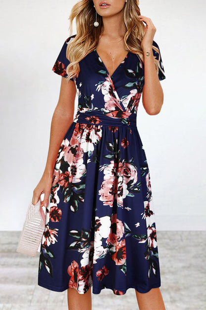 Elegant College Floral Patchwork V Neck A Line Dresses