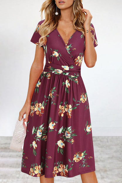 Elegant College Floral Patchwork V Neck A Line Dresses