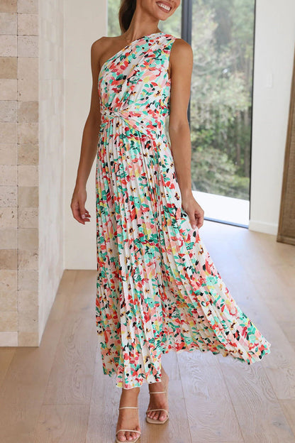 Elegant Floral Fold Oblique Collar Printed Dress Dresses