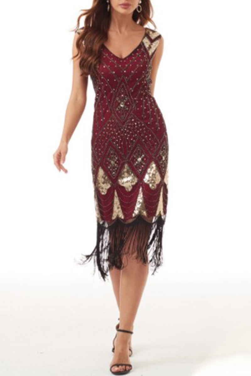 College Formal Patchwork Tassel Sequins Beading V Neck Evening Dress Dresses