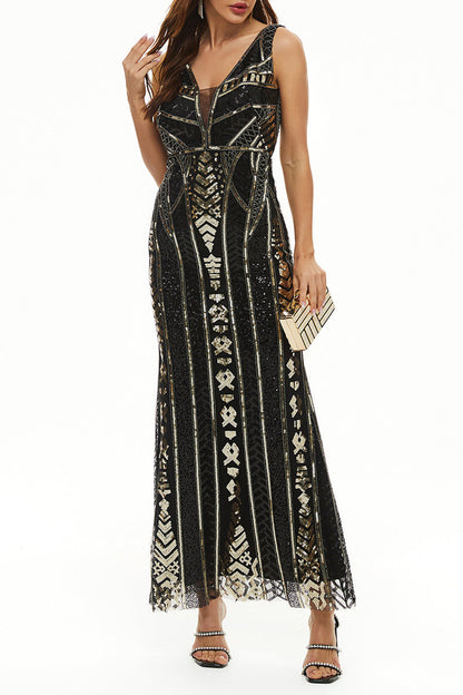 Elegant College Patchwork Sequins V Neck Evening Dress Dresses