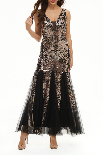 Elegant College Patchwork Sequins V Neck Evening Dress Dresses