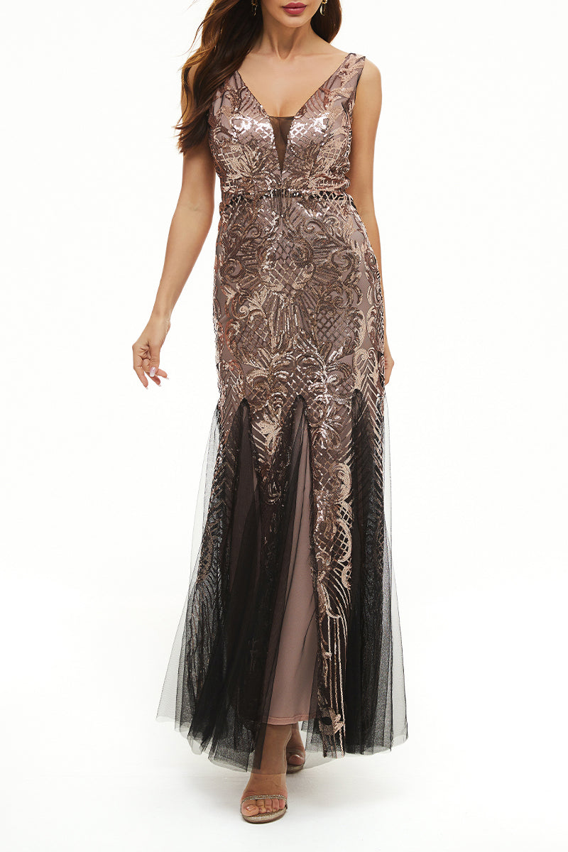 Elegant College Patchwork Sequins V Neck Evening Dress Dresses