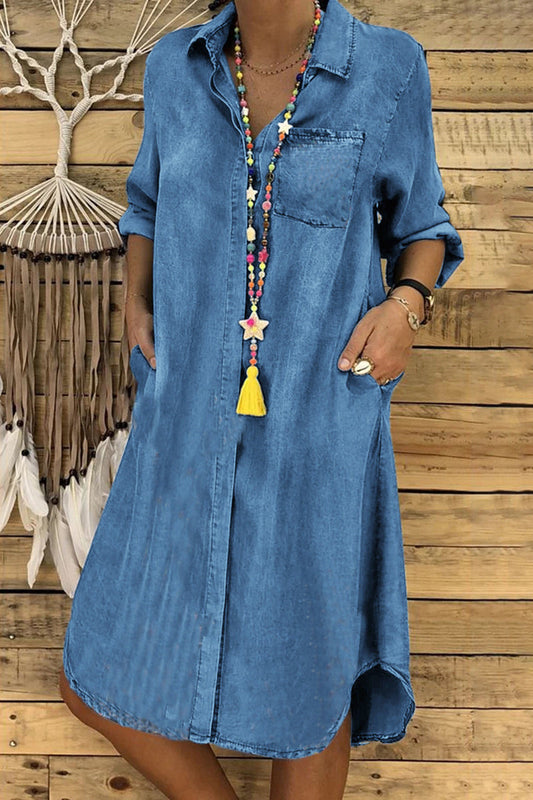 Casual Solid Pocket Buckle Shirt Collar Long Sleeve Loose Denim Dresses