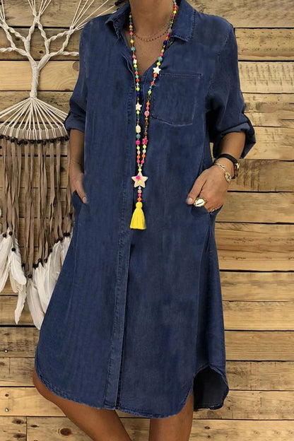 Casual Solid Pocket Buckle Shirt Collar Long Sleeve Loose Denim Dresses