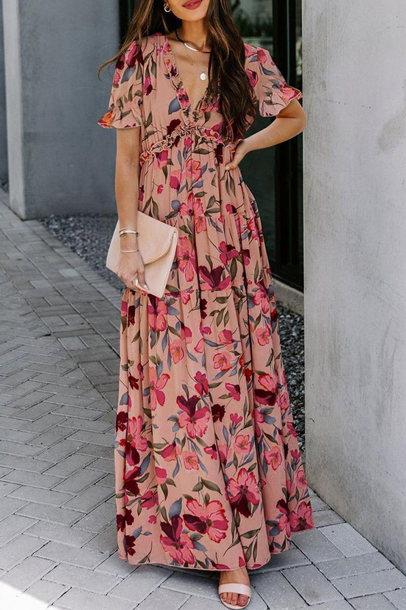 Elegant Floral Patchwork V Neck A Line Dresses(4 Colors)