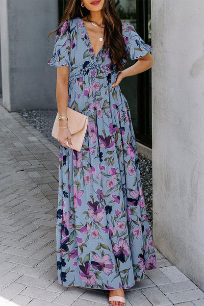 Elegant Floral Patchwork V Neck A Line Dresses(4 Colors)