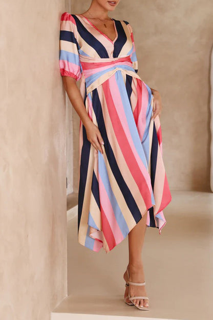 Casual Striped Print Asymmetrical V Neck A Line Dresses