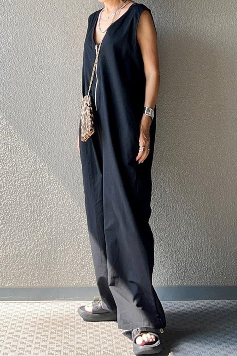 Casual Solid Pocket V Neck Loose Jumpsuits