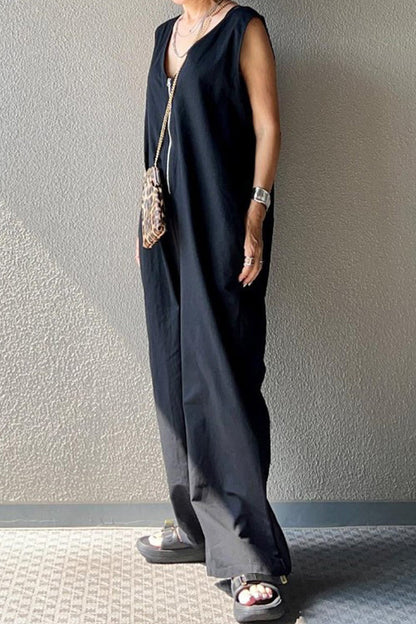 Casual Solid Pocket V Neck Loose Jumpsuits