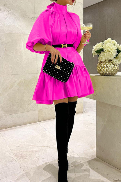 Elegant Solid Frenulum With Belt Turtleneck Princess Dresses