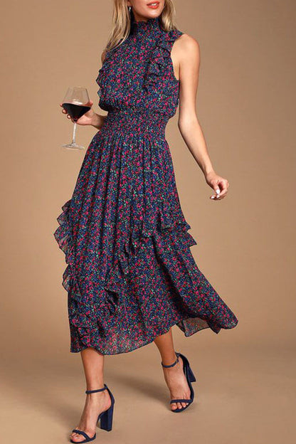 Elegant College Floral Patchwork Turtleneck Waist Skirt Dresses