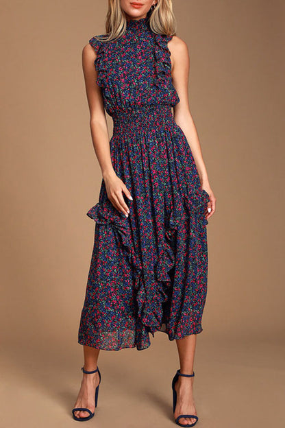 Elegant College Floral Patchwork Turtleneck Waist Skirt Dresses