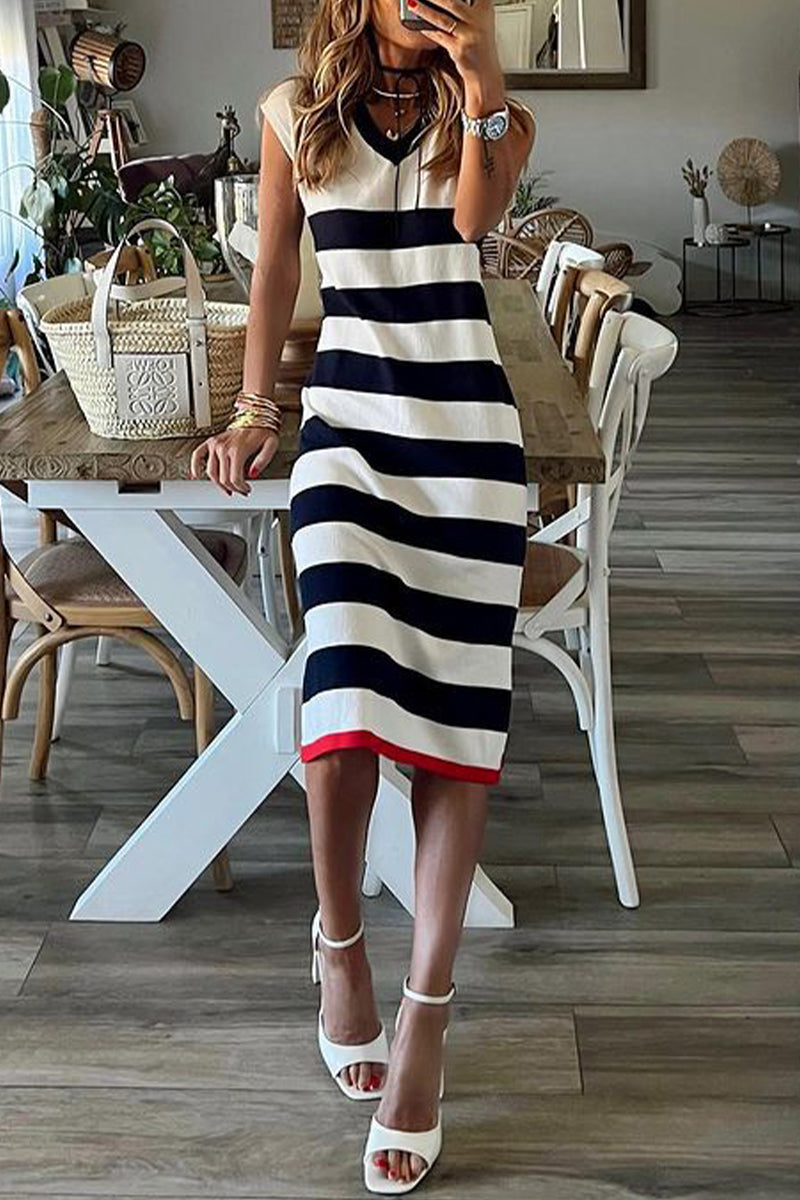 Casual Striped Patchwork V Neck Printed Dress Dresses