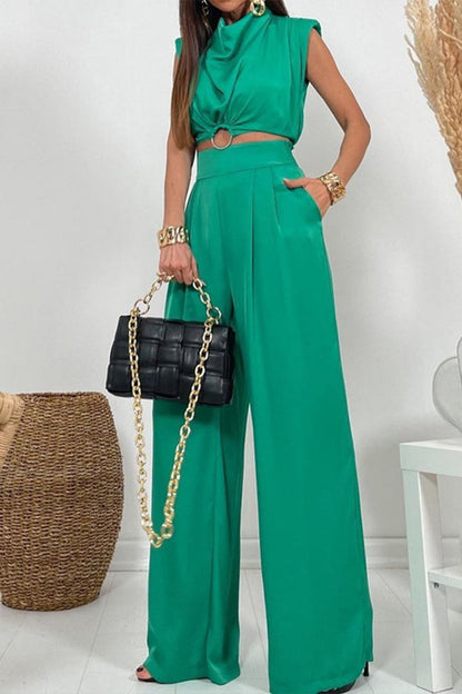 Elegant Solid Pocket O Neck Sleeveless Two Pieces