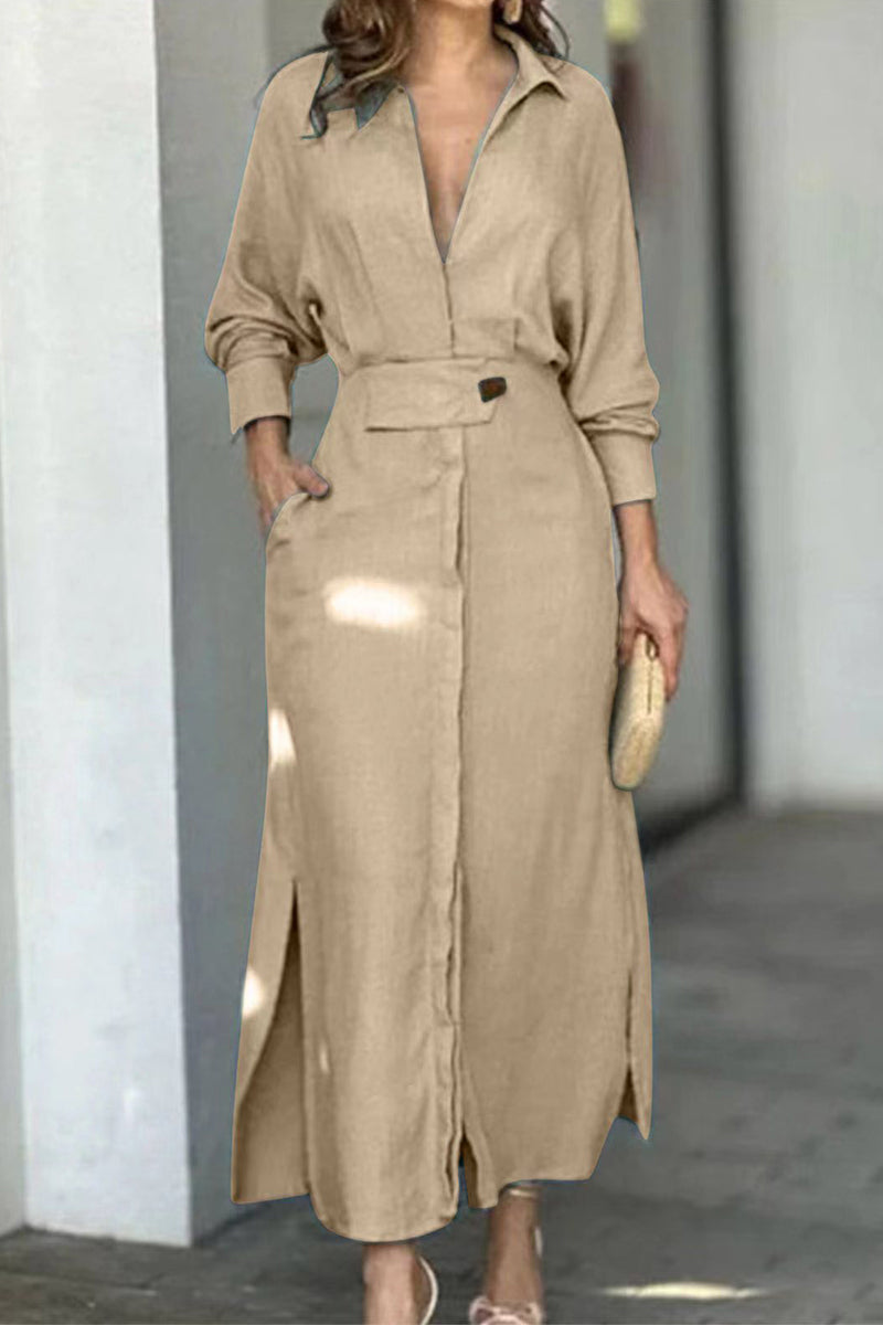 Casual Solid Patchwork Turndown Collar Shirt Dress Dresses