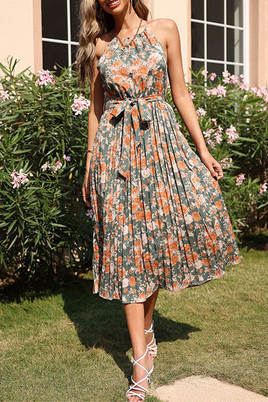 Elegant Floral Frenulum Halter Pleated Dresses