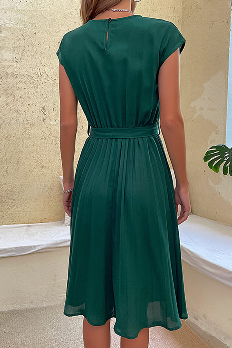 Elegant Solid Frenulum Fold O Neck Pleated Dresses