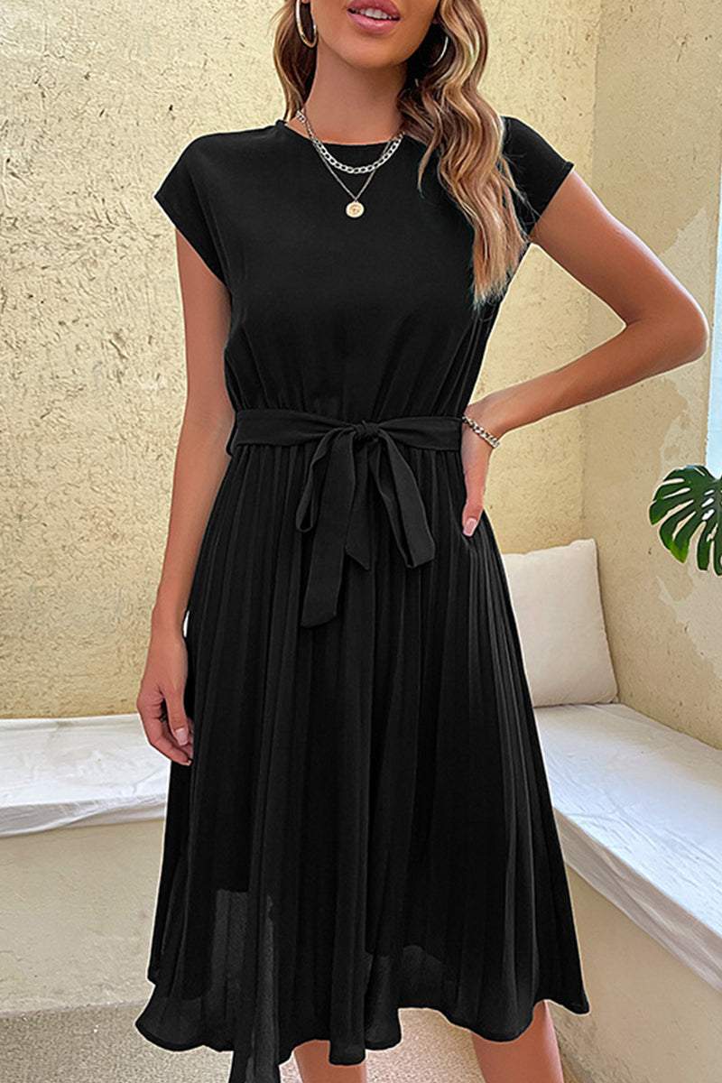 Elegant Solid Frenulum Fold O Neck Pleated Dresses