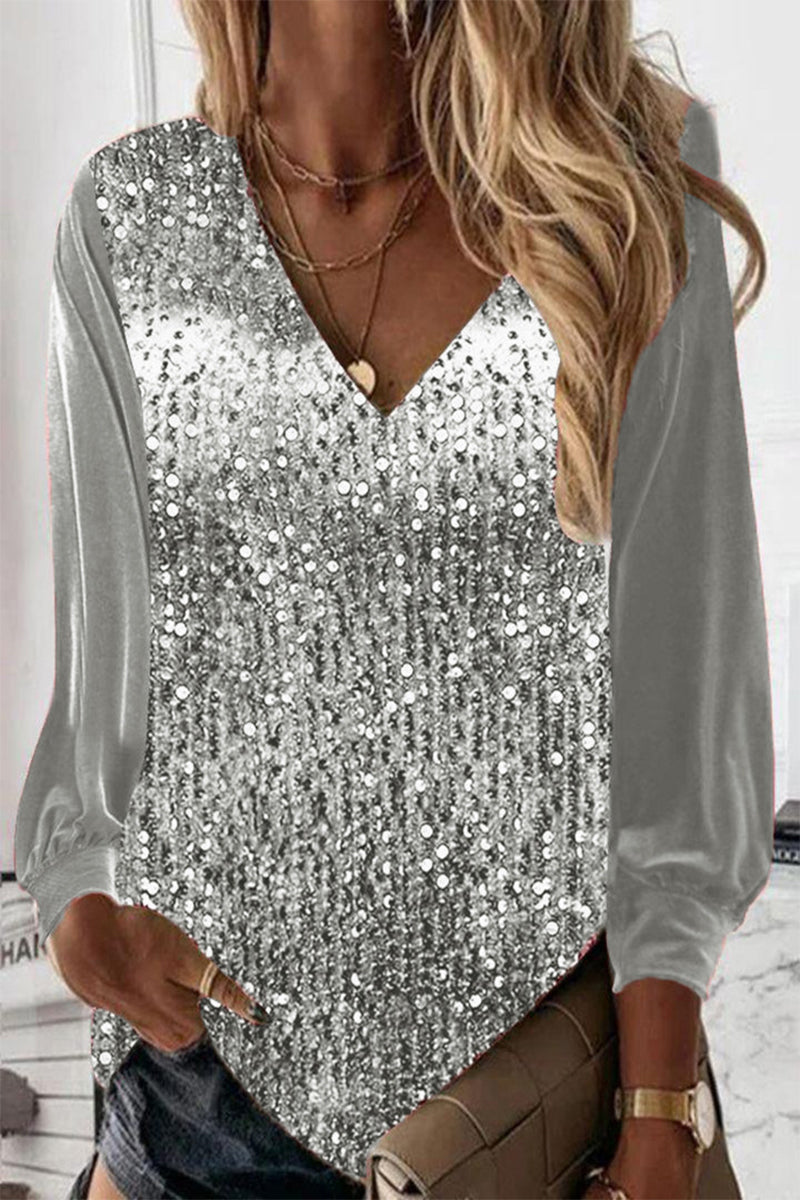 Casual Solid Sequins V Neck Tops