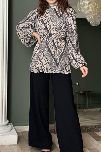 Elegant Geometric Print Fold Half A Turtleneck Long Sleeve Two Pieces