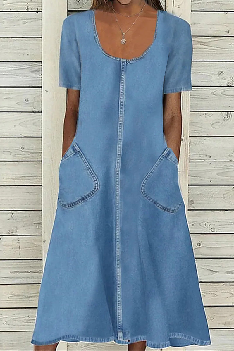 Casual Street Solid Pocket U Neck Short Sleeve Denim Dresses