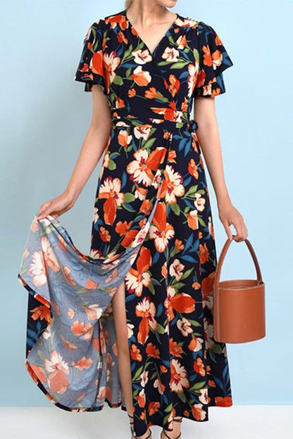 Elegant Floral Frenulum V Neck A Line Dresses