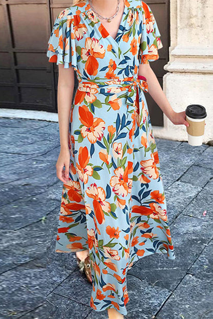 Elegant Floral Frenulum V Neck A Line Dresses