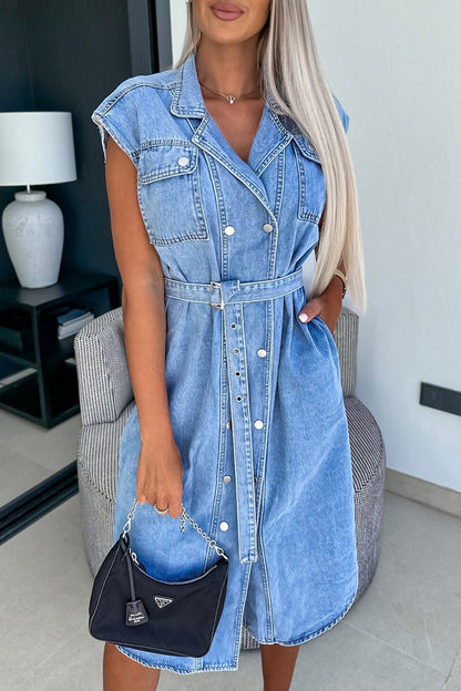 Casual Solid Pocket Turndown Collar Sleeveless Straight Denim Dresses