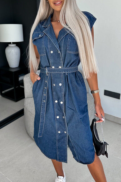 Casual Solid Pocket Turndown Collar Sleeveless Straight Denim Dresses