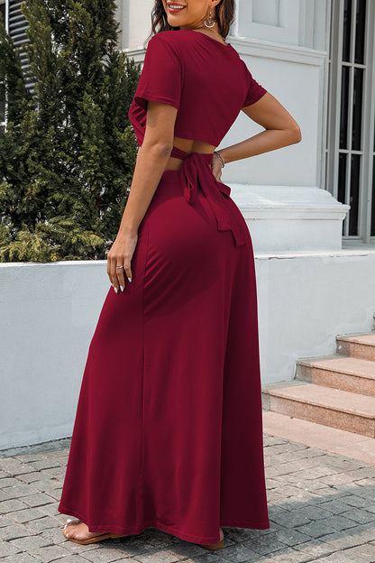 Casual Solid Slit V Neck Sleeveless Two Pieces