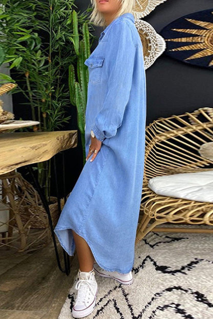 Casual Street Solid Patchwork Shirt Collar Long Sleeve Loose Denim Dresses