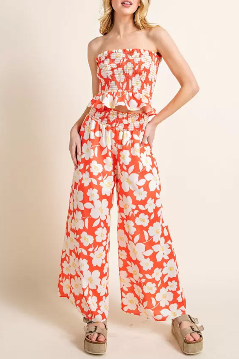 Casual Sweet Floral Stringy Selvedge Strapless Sleeveless Two Pieces