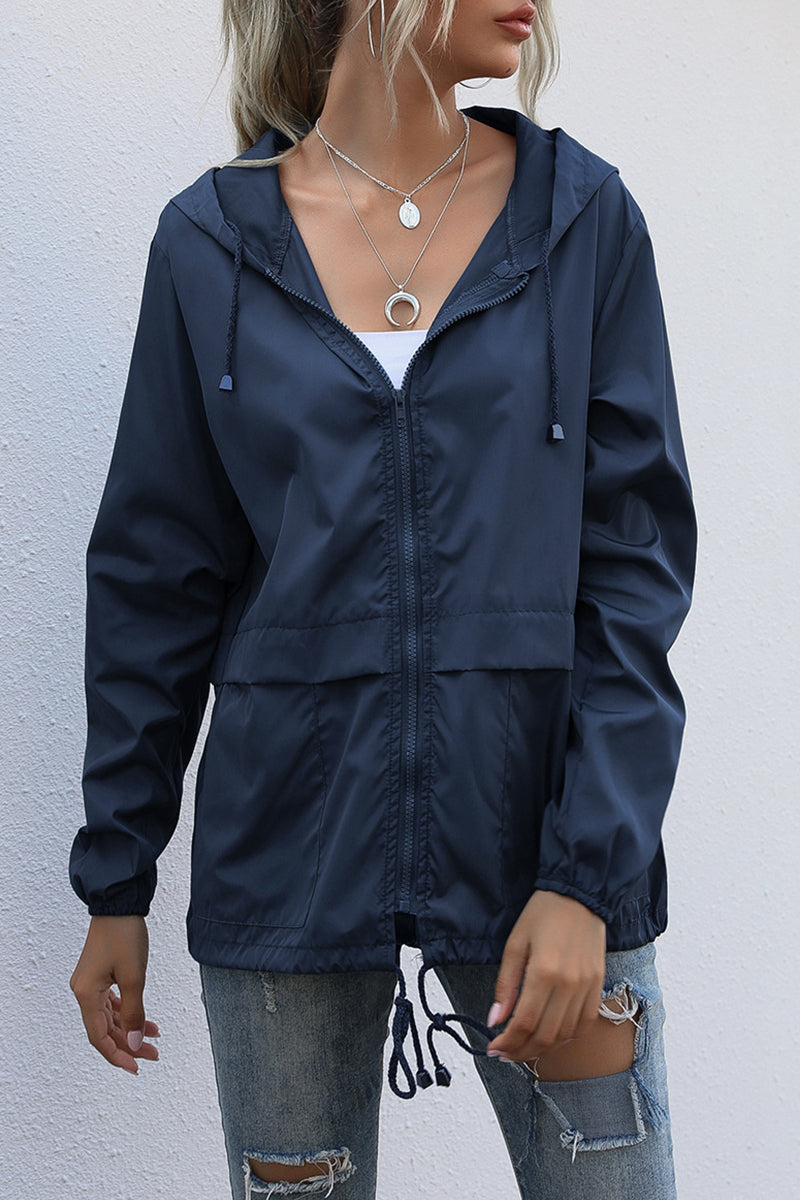 Casual Solid Zipper Hooded Collar Outerwear