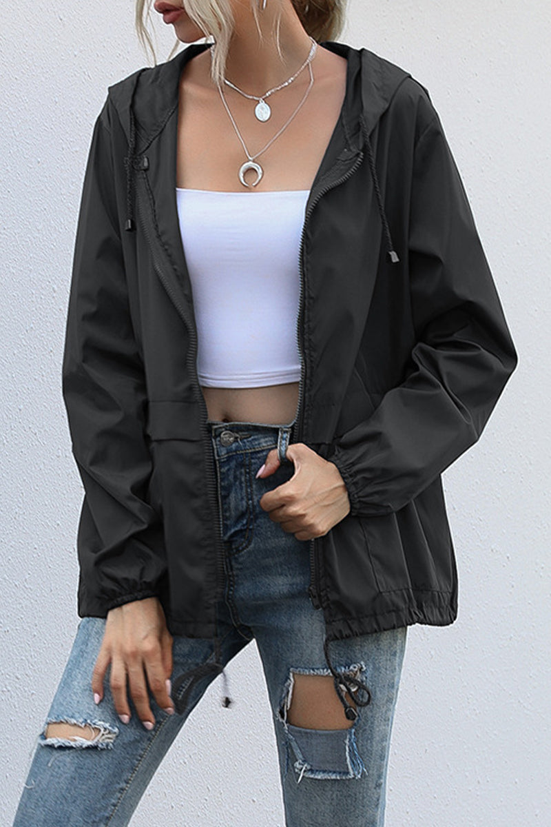 Casual Solid Zipper Hooded Collar Outerwear