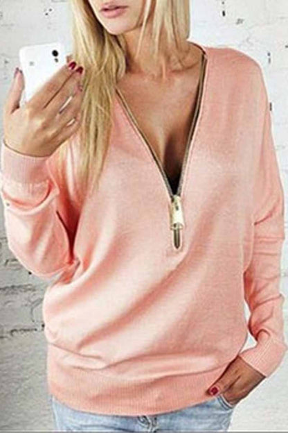 Casual Solid Zipper V Neck Tops