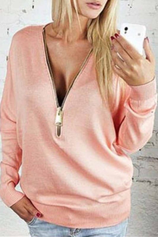 Casual Solid Zipper V Neck Tops