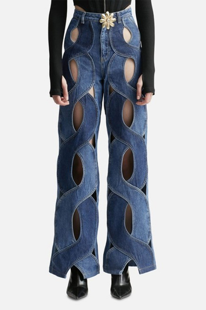 Street Solid Hollowed Out High Waist Straight Denim Jeans