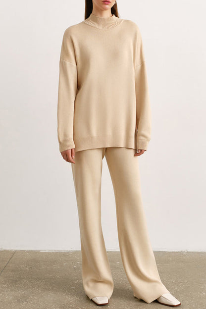 Casual Simplicity Solid Slit Half A Turtleneck Long Sleeve Two Pieces